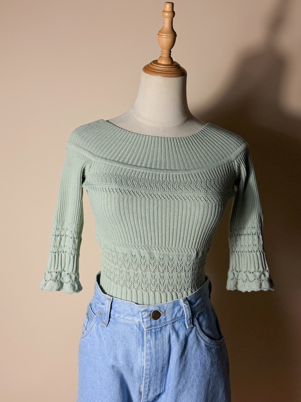 Y2K Sage Green Super Stretchy Off Shoulder Knit Top M